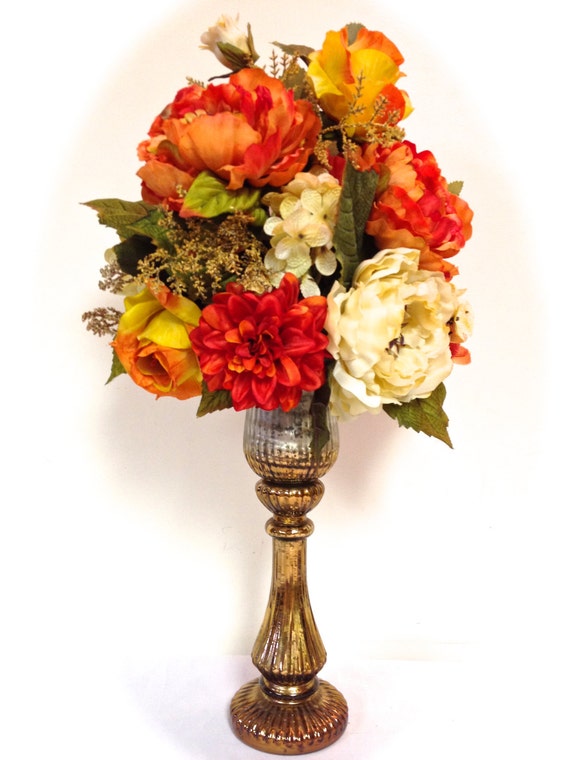 Silk Floral Arrangement Orange Yellow Cream by SandyNewhartDesigns
