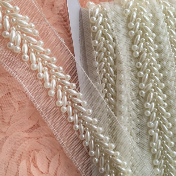 Ivory Beaded Lace Trim Pearl Beaded Trim 1 Yard For Costume