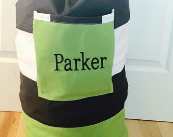 Monogrammed Laundry Duffel Bag, Green, Black and White Stripe, Laundry bag, Laundry Bag for College, Hanging Laundry Bag, Laundry Hamper