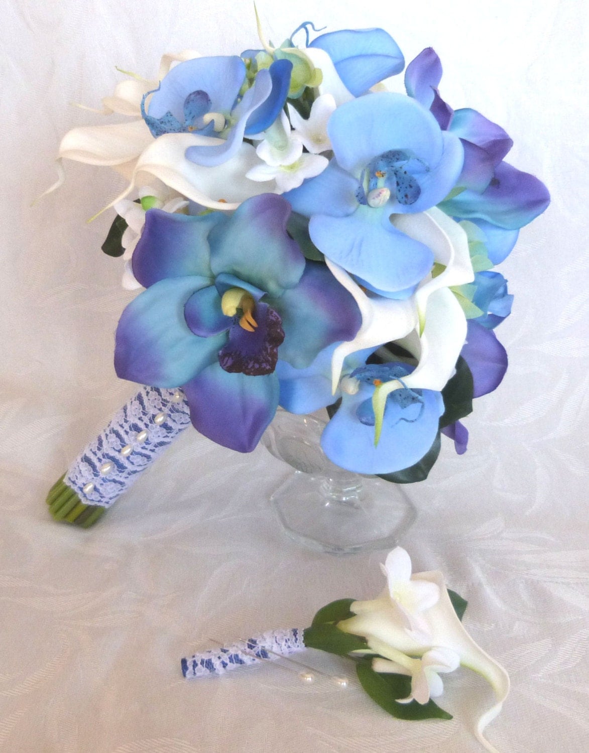 Blue Orchid White Calla Lily Bridal Bouquet And Boutonniere 5405