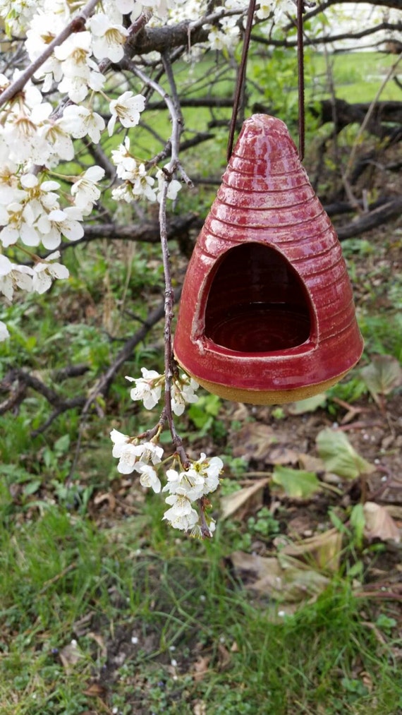 Pottery Bird feeder handmade red by NancyBloklandPottery on Etsy