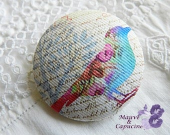 Fabric button, printed bird, 24 mm / 0.94 in