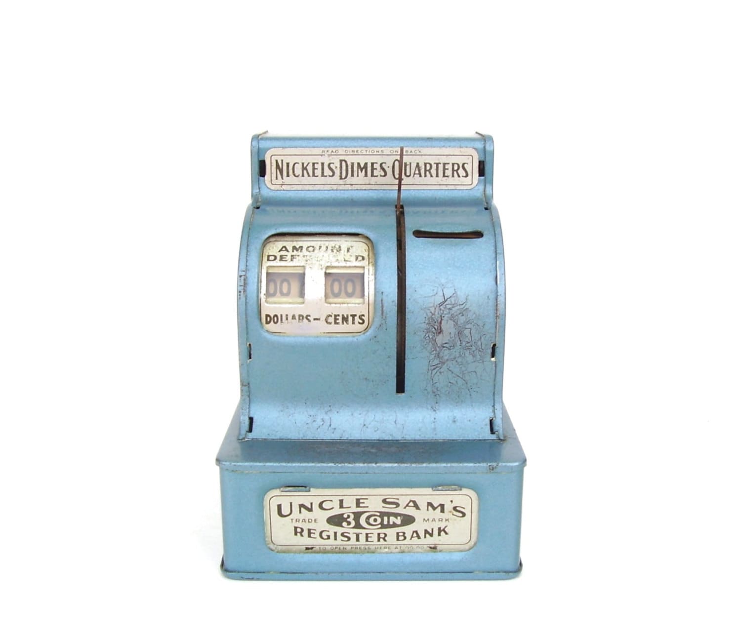 Vintage 3 Coin Bank Aqua Blue Uncle Sam Cash Register