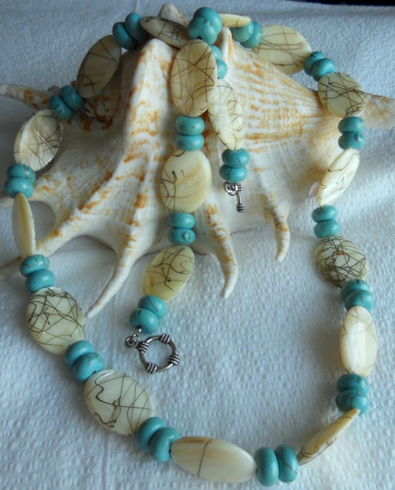 Beige Shell Disc Turquoise Statement Necklace Glass by lanesamarie