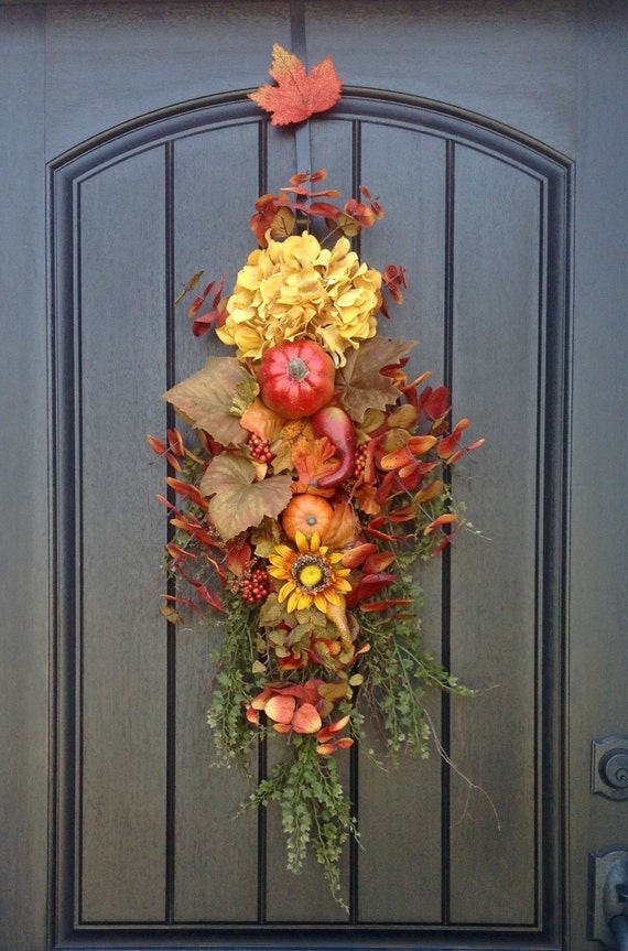 Fall Wreath Thanksgiving Autumn Teardrop Vertical Door Swag