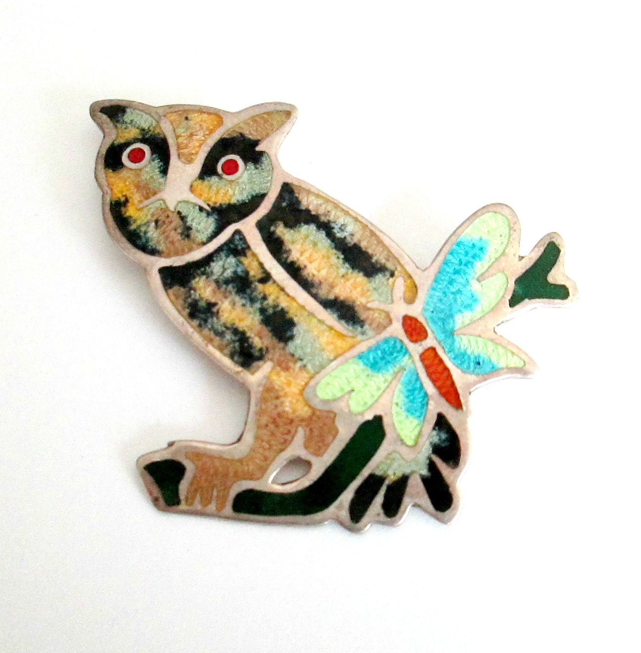 Enamel Over Sterling Owl Brooch Vintage 1940s By Looseendsvintage