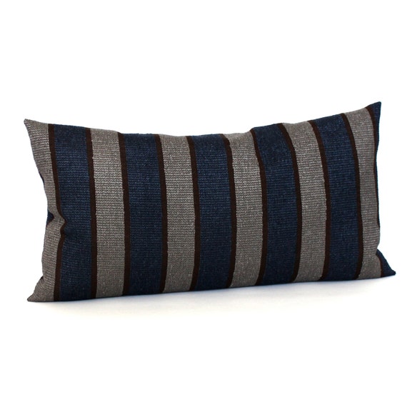 Lumbar Pillow Cover Blue Brown Grey Striped Upholstery