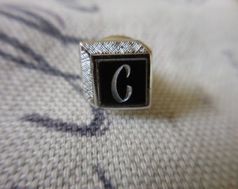 Vintage "C" Silver Tone and Black Swank Tie Tack Square NOS Letter Initial 1960s Mans Accessory