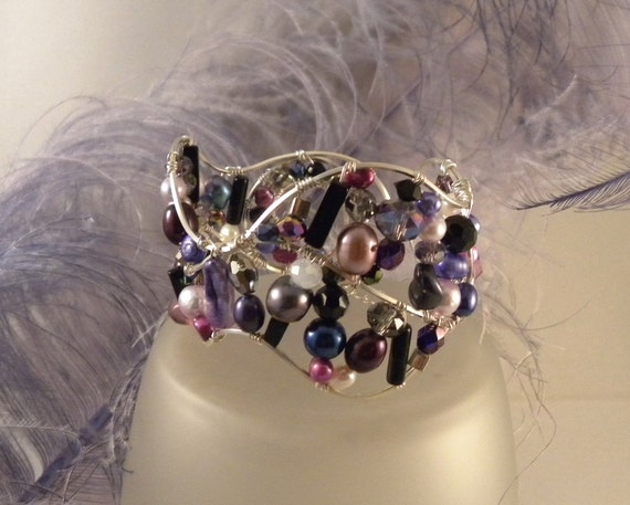 Purple and Plum Crystal Pearl Sterling Silver Cuff