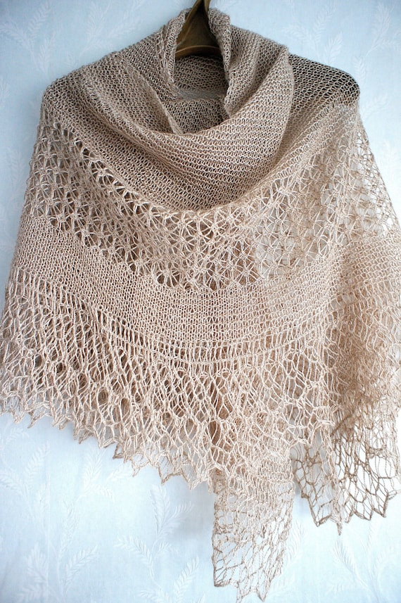 Hand knitted beige shetland lace shawl. Suri by FastMelodicShawls