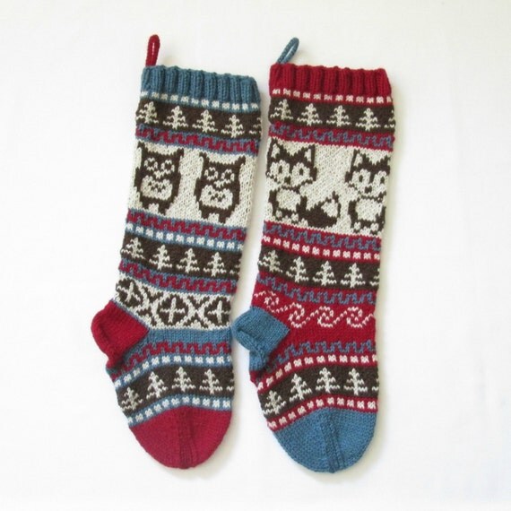 Pattern Owl and Fox Christmas Stockings and by SantasSockCentral