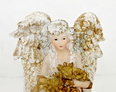 Vintage gold and ivory Christmas Angel figurine retro antique glitter Christmas decor