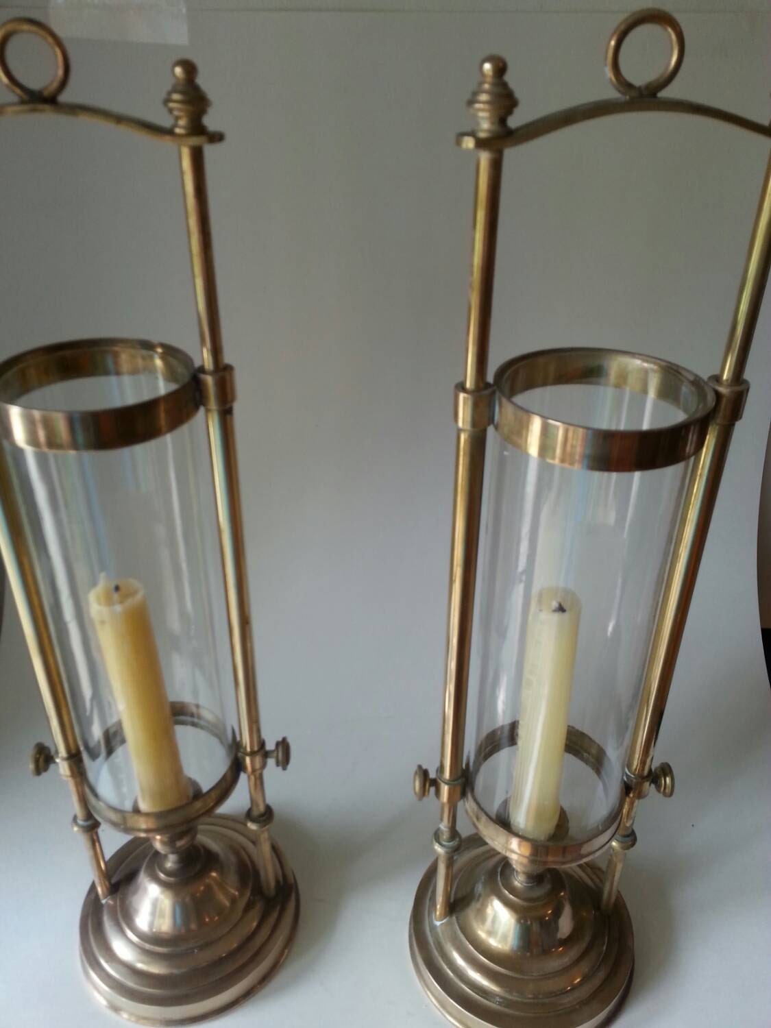 Beautiful brass and glass hurricane style Candleholders.