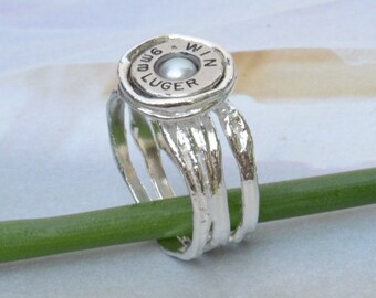 Bullet Jewelry, Pearl Bullet Ring, Silver Bullet Ring, White Pearl Ring, Sterling Bullet Ring, 9mm Bullet Ring - Pearl Ring - LLJ095