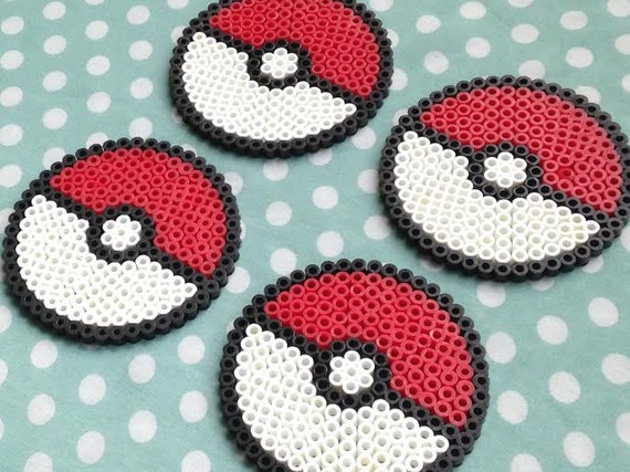 Pokemon Pokeball Inspired Perler Bead Coasters Set of Four