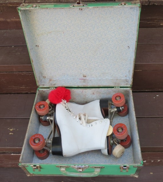 Sale Vintage Shoe Roller Skates In Travel Case Red Pom Poms
