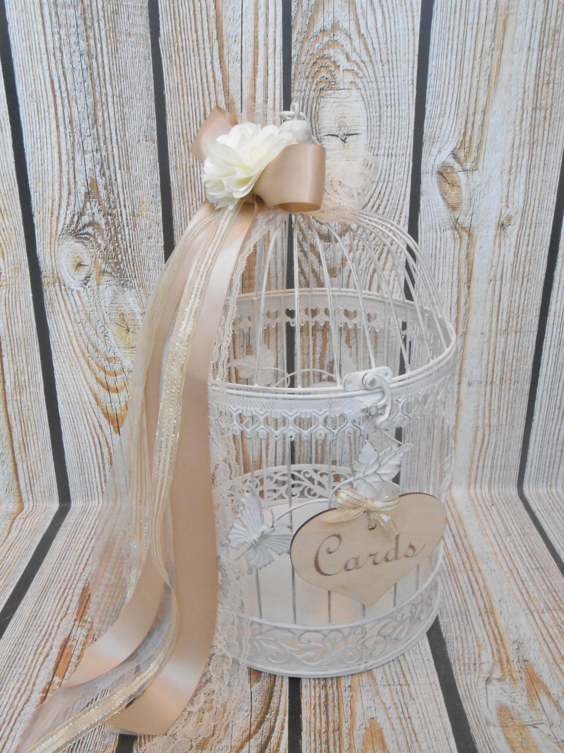 Large Rustic Round White Wedding BIrdcage Card Holder by ThoseDays