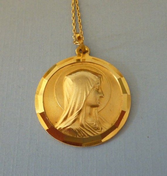 Items similar to Large Antique Gold Plated French Virgin Mary Pendant