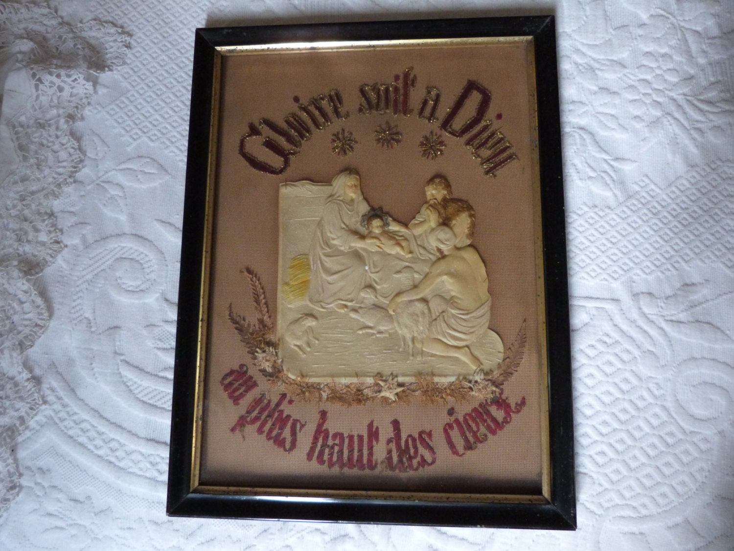 Antique French 1800s religious needlepoint canvas wall hanging