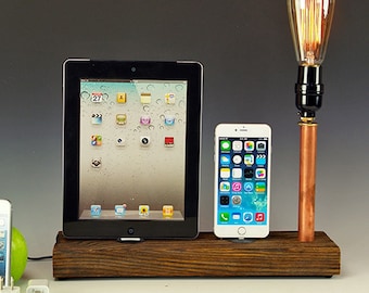 Docking stations and chargers for ANY iPhone/iPad AND table lamp. Reclaimed wood & copper pipe. Edison bulb. USB wall charger. (761)