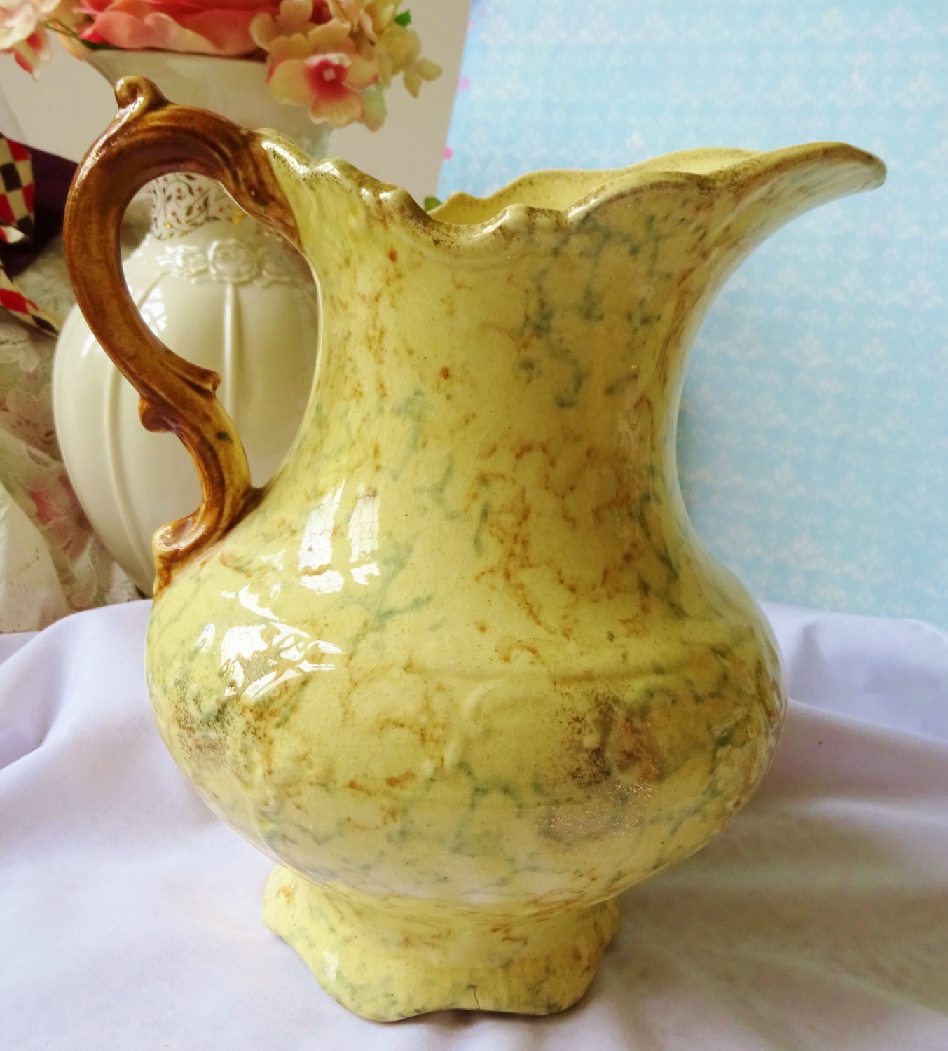 Antique Yellow Ware Spongeware Pitcher Large 8 Inch Pottery