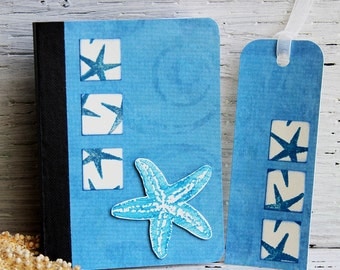 Blue Starfish Mini Journal with Matching Bookmark, Handmade Pocket Notebook, Altered Composition Book, Personal Diary, Vacation Planner