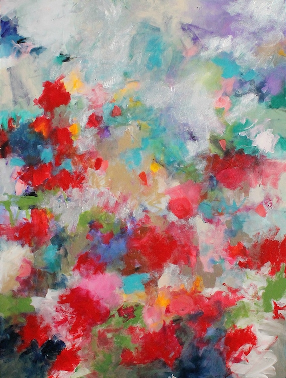 Large Abstract Floral Painting Landscape Red Meadow