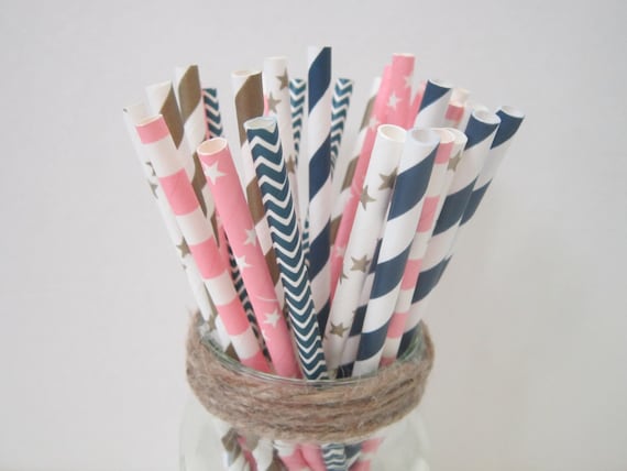 Navy Light Pink Gold Paper Straws ~ Wedding ~ Baby Shower ~ Nautical ~ Set of 24 or 48 Il_570xn