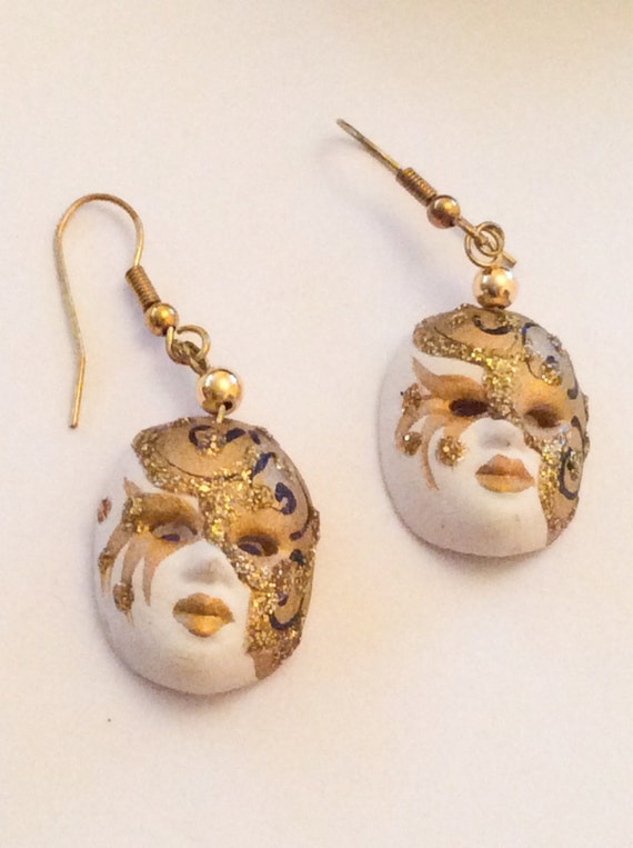 Mask Earrings Theatre Gold Tone Vintage Jewelry by OurBoudoir