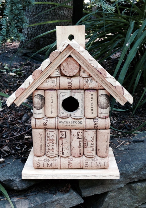 Wine cork and wood wooden birdhouse bird by LesliesCorkCreations
