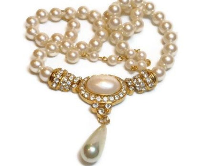 FREE SHIPPING Marvella faux pearl choker, pearl cabochon and rhinestones center pearl teardrop drop creamy white, 40s early 50s, gold plated