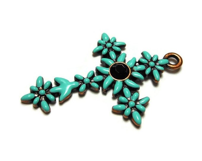 FREE SHIPPING Green cross pendant, mint green enamel flowers on copper base with black rhinestone center, floral cross