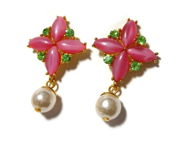 FREE SHIPPING Pink cross earrings, pink glass navettes in the shape of a cross, green rhinestones adangling white glass pearl, pierced post