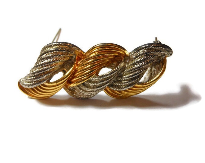 FREE SHIPPING Liz Claiborne brooch, signed gold and silver plated bar pin, ribbons of color in smooth and rope texture form a swirl pattern