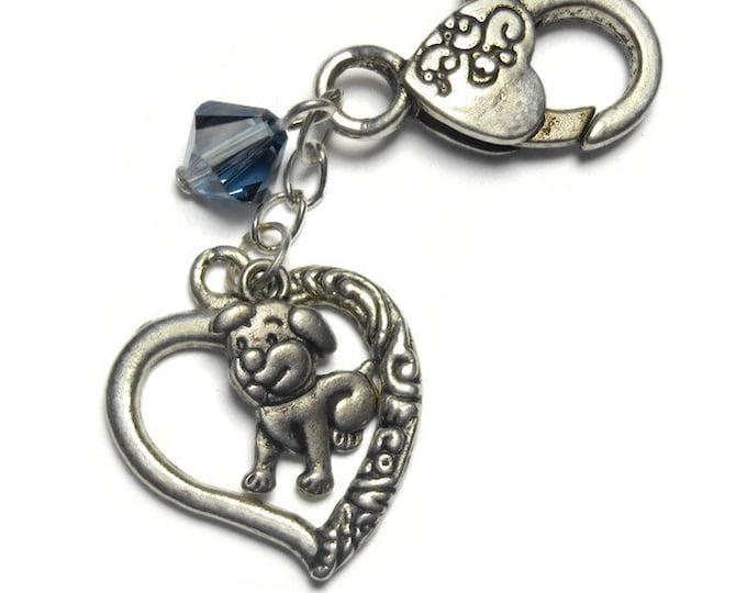 ON HOLD Dog purse clasp, antiqued silver tone dog, Tibetan silver heart charms, Swarovski crystal choice 3 colors, zipper backpack pull,