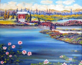 Japanese Landscape, Landscape Oil, Asian Riverside Peace, Tai Chi Meditation Art, 30 x 23 in, 58 x 76 cm, Original Oil, Dan Leasure