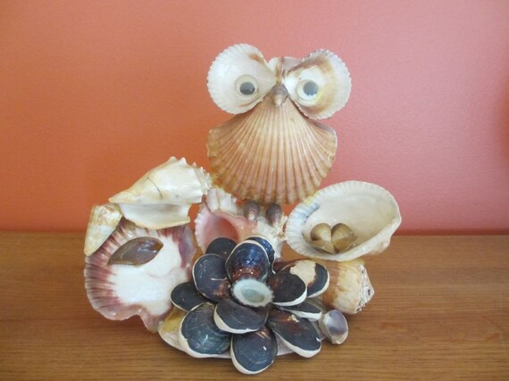 Sea Shell Art Owl on Sea Shell Base Hand Made Folk Art Kitsch