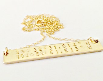 Gold Filled DOUBLE-SIDED Custom Bar Necklace - Personalized Coordinates Jewelry - Celebrity Inspired Trendy Hand Stamped Tag Pendant