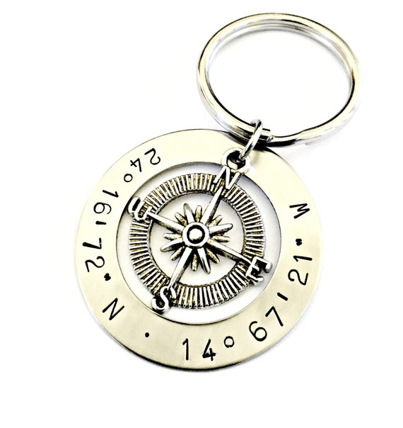 Personalized Latitude Longitude Compass Keychain Custom Hand