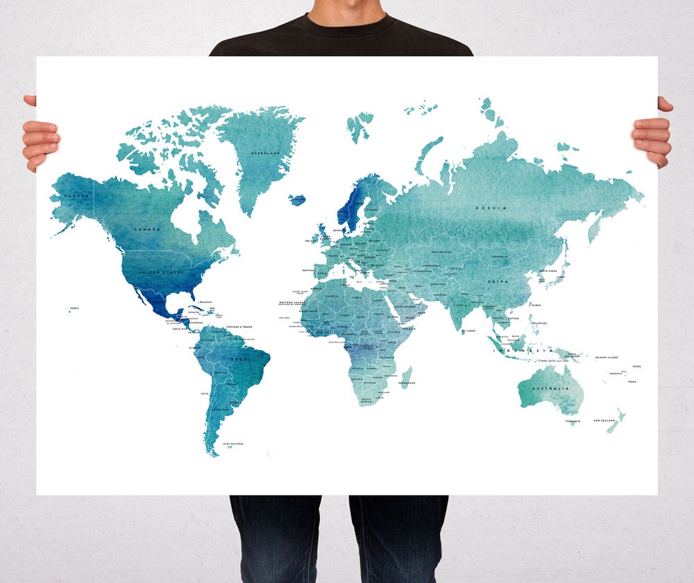 World Map Art Print Poster Countries Names Watercolor