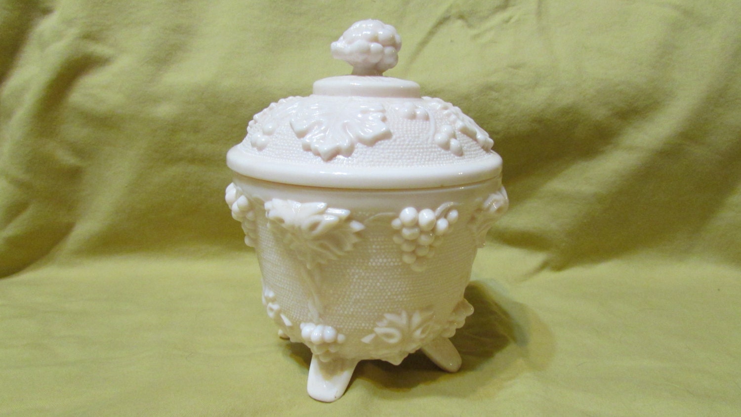 Lovely pink milk glass candy dish grapes and leaves