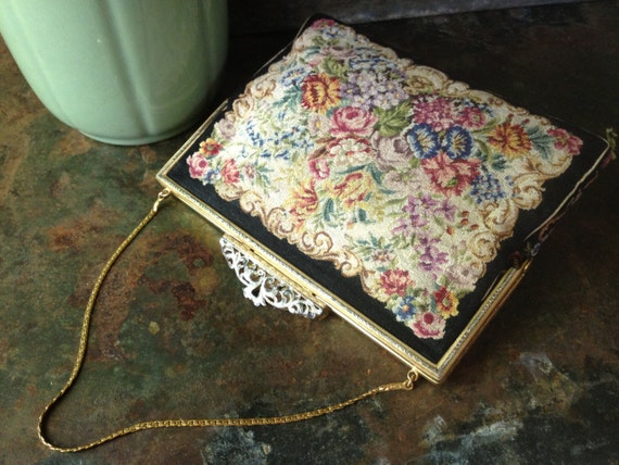 Tapestry Petit Point Handbag Floral Austrian Made Needlepoint