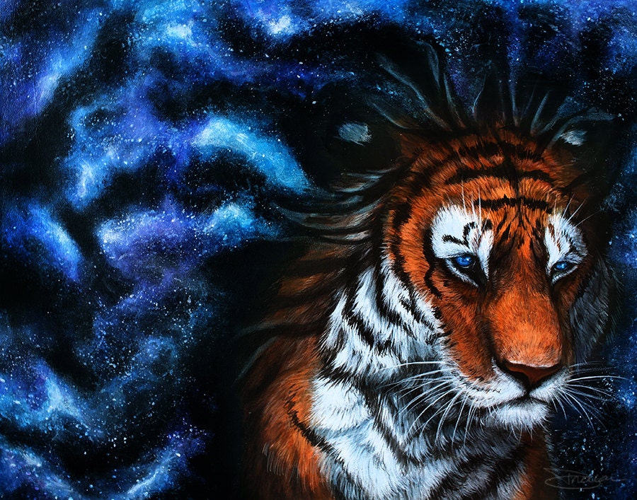 Fantasy Tiger with Galaxy Nebula Starfield Space Painting