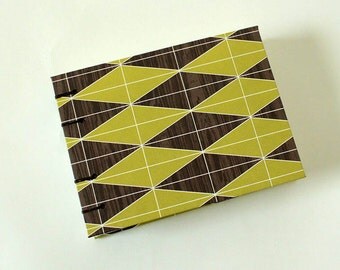 Small Green Geometric and Brown Woodgrain Blank Book - Notebook Sketchbook Landscape