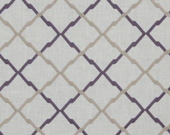 Taupe Geometric Linen Upholstery Fabric - Embroidered Purple Curtain Roman Shade Material - Geometric Ivory Pillow Euro Sham Bedding Fabric
