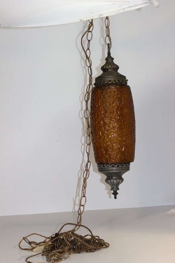 Vintage Amber Swag Light Large Hanging Lamp Gold Pendant Lamp