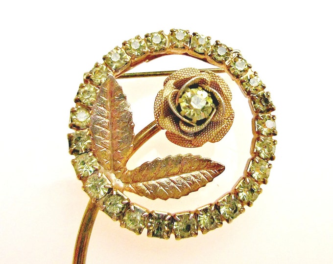 flower Rose Brooch - Yellow Rhinestone gold - mid century - Circle pin