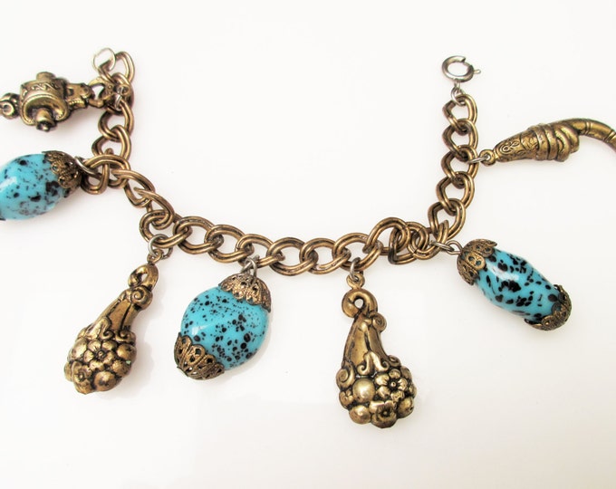 Brass Charm Bracelet - Turquoise blue art glass - unique brass charms- chain bangle