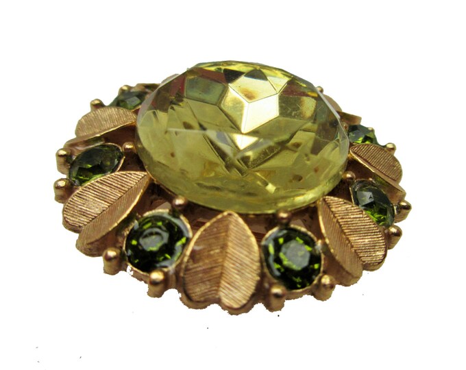 Green rhinestone Brooch Pendant - Signed Avon - Flower Glass - gold Floral leaf pin