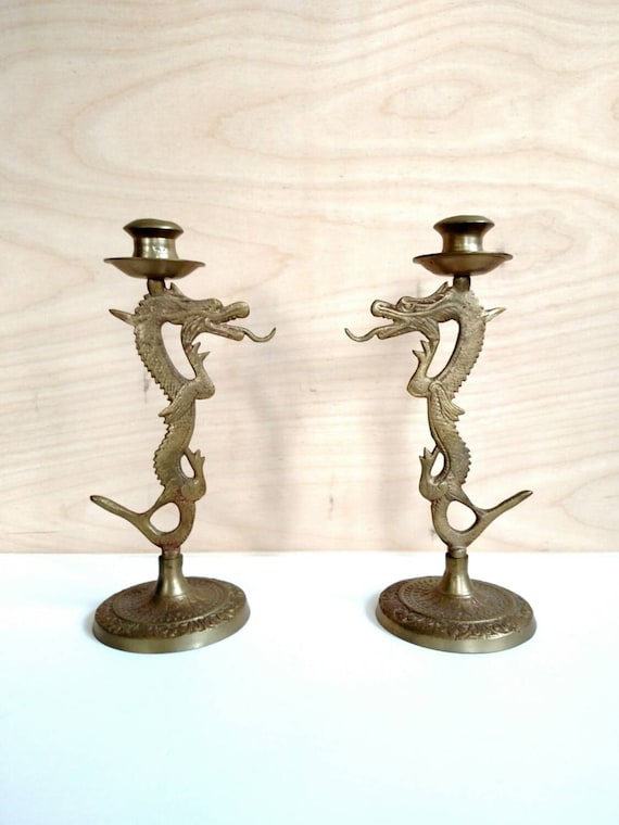 Vintage Pair Brass Dragon Candle Holders